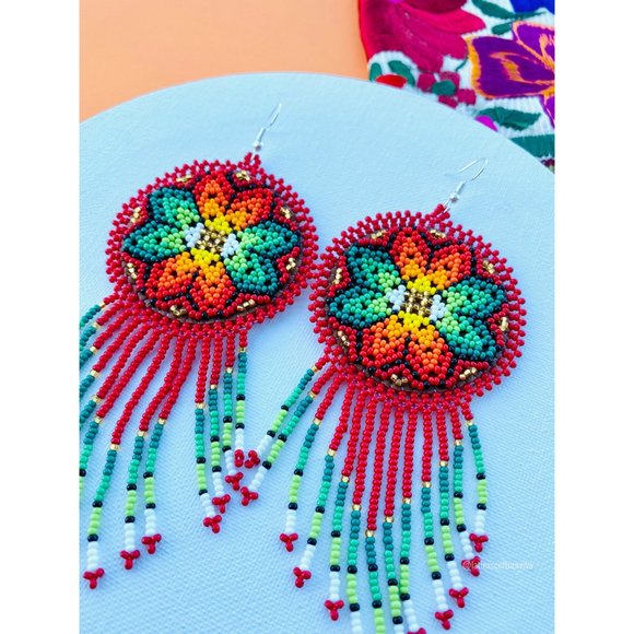 Huichol Earrings Huichol Art Mexican Earrings Hand Beaded Earrings, Flower Earri - Picture 2 of 5